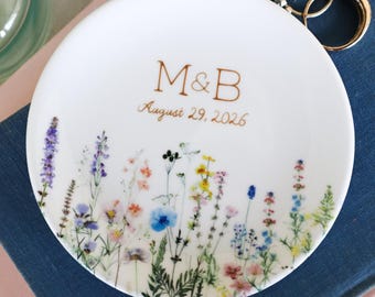 Personalized Wedding Jewelry Dish, Custom Wildflower Ring Holder With Initials and Date for Couple