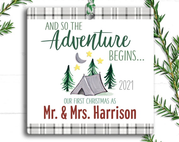 Our First Christmas as Mr and Mrs Ornament - Adventure Awaits Couple - Personalized First Christmas Married Ornament - Just Married Camping