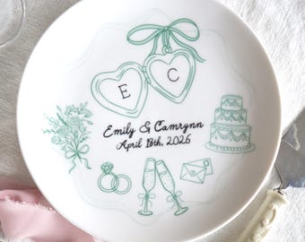 Personalized Ceramic Wedding Plate, Hand-Drawn Anniversary or Engagement Keepsake