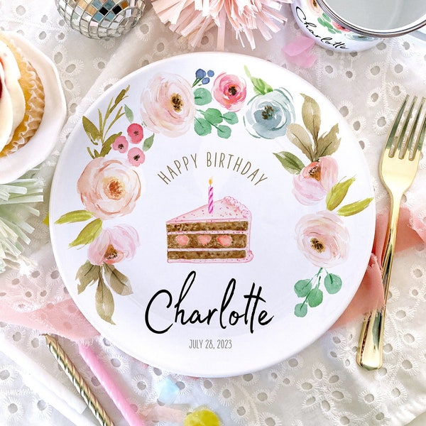 Personalized Ceramic Happy Birthday Plate - Girls Birthday Party - First Birthday Gift Girl - Girls 1st Birthday - Pastel Floral Cake Plate