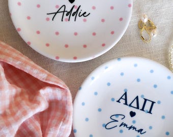 Polkadot Sorority Jewelry Dish, Alpha Phi, Gamma Phi, Pi Phi, ChiO, TriDelt, Kappa, Theta, KD, DG, Alpha Chi, ADPi, Zeta