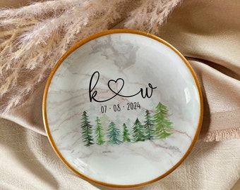 Outdoorsy Forest Ring Dish for Engaged Couple • Custom Initials, Names and Date •  Rustic Engagement Jewelry Dish for Bride to Be