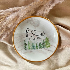 Outdoorsy Forest Ring Dish for Engaged Couple Custom Initials, Names and Date Rustic Engagement Jewelry Dish for Bride to Be Gold