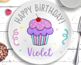 Personalized Ceramic Birthday Plate -  First Birthday Girl - Lavender Cupcake Plate - 1st Birthday Girl Gift- Happy Birthday Girl Plate