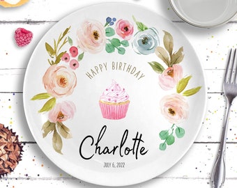Personalized Ceramic Birthday Plate: Pastel Floral, First Birthday Gift