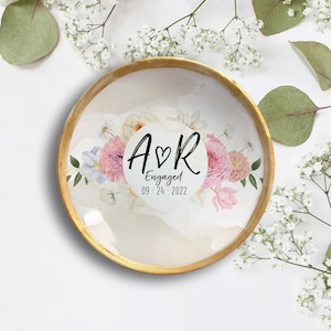 Ceramic Engagement Ring Dish for Couple • Botanical Ring Holder Gift for Bride To Be • Initials and Date • Perfect Gift for Her Wedding