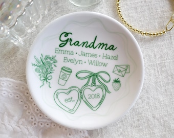 Grandma Ceramic Ring Dish • Personalized Hand drawn Jewelry Holder
