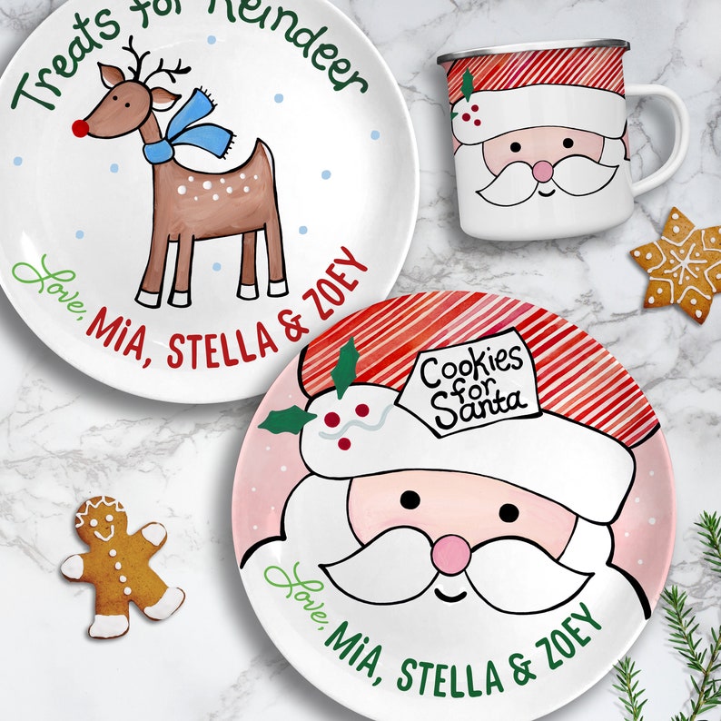 Cookies for Santa Plate Set Regalos personalizados para niños Leche para Santa Mug Regalos para niños y bebés Golosinas para renos Pink