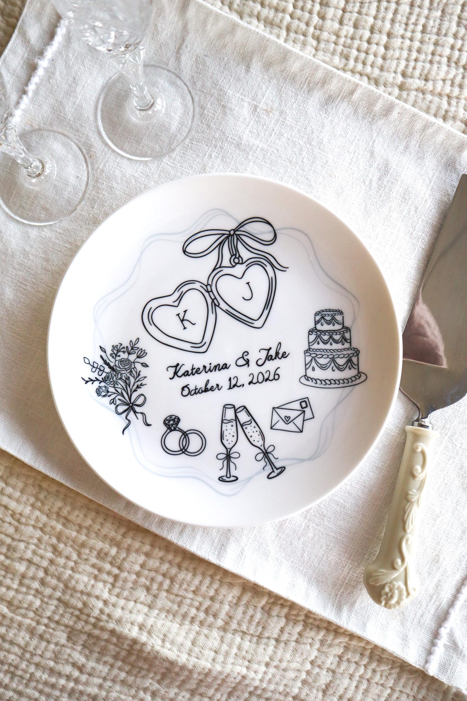 Personalized Ceramic Wedding Plate, Hand-Drawn Anniversary or Engagement Keepsake - Black