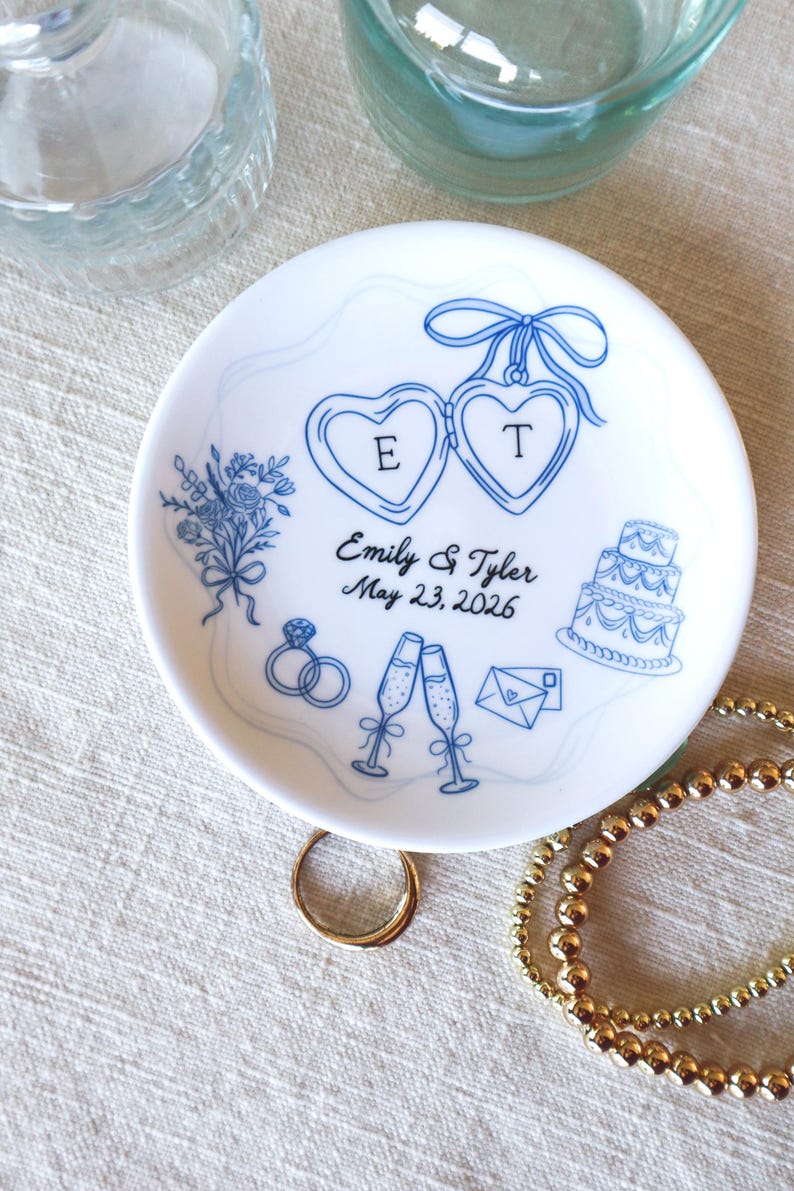Personalized Ceramic Ring Dish, Hand-Drawn Wedding Engagement Gift,