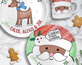 Cookies for Santa Plate Set - Black Santa Personalized Gifts -  Milk for Santa Mug - Gifts for Kids & Babies - Brown Santa - Treats Reindeer