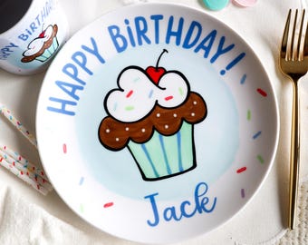 Personalized Ceramic Birthday Plate, Handcrafted Keepsake, Start A Birthday Tradition, Blue Cupcake