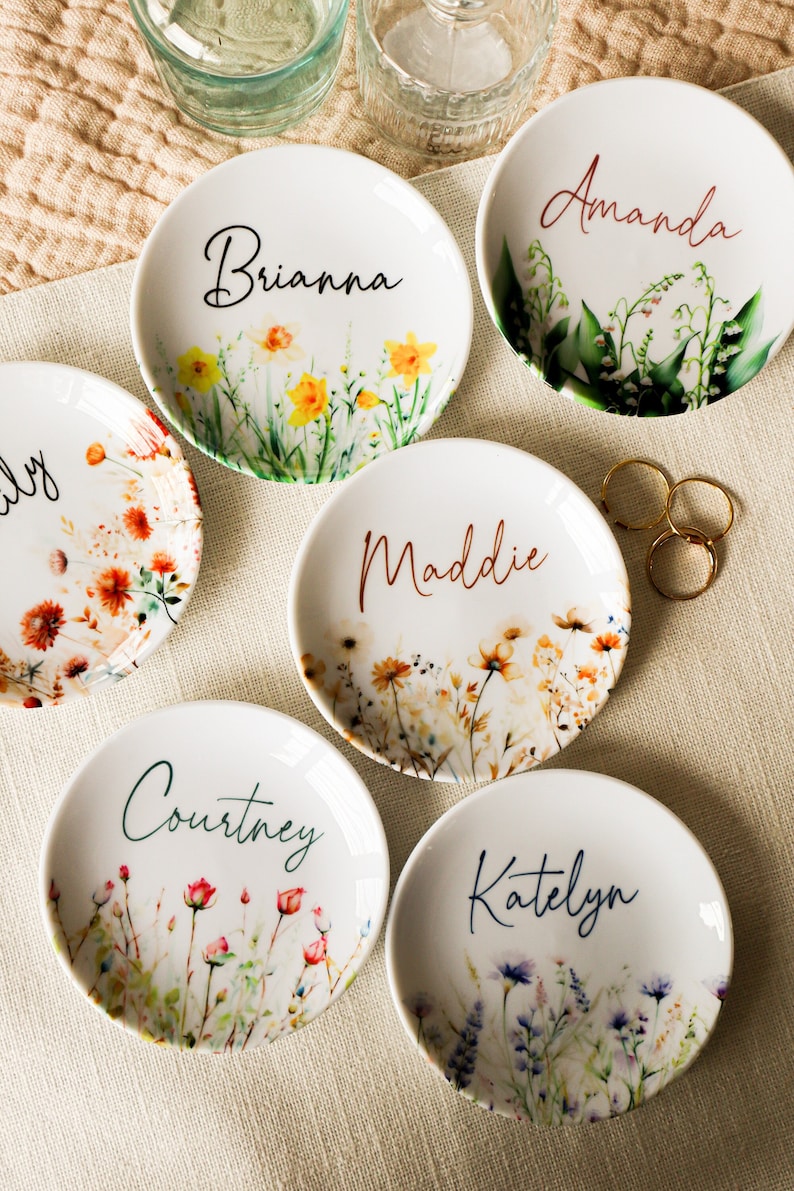 Birth Month Flower Ring Dish With Name Perfect Bridesmaid, Mom or Best Friend Gift Custom Name Gift for Her Birthday image 1