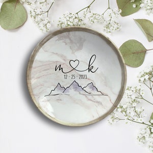 Mountain Ring Dish is Perfect Engagement Gift Personalized Heart Initial Ring Holder Perfect Gift for Engaged Couple Proposal Present Silver