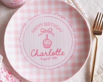 Personalized Ceramic Birthday Plate and Mug, Start A Birthday Tradition, Pink Gingham Cupcake