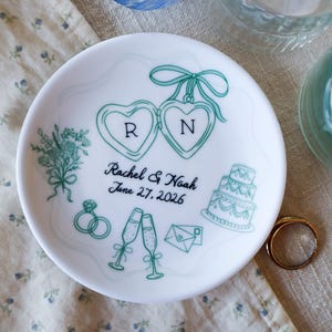 Personalized Ceramic Ring Dish, Hand-Drawn Wedding Engagement Gift, Pistachio