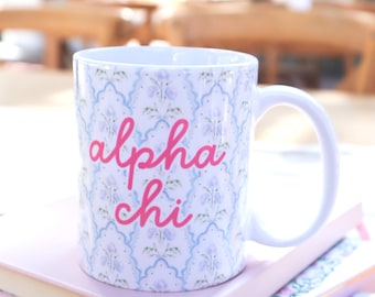 Alpha Chi Omega Sorority Mug with Greek Letters and Preppy Print, Cute AXO Gift for Bid Day, Big Little Reveal & Alumnae