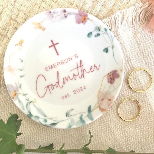 Personalized Godmother Ring Dish, Handmade Ceramic Jewelry Gift