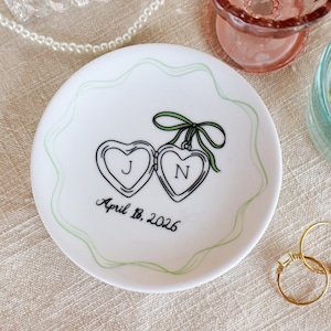 Personalized Locket with Bow Ring Dish, Handmade Ceramic Wedding Engagement Gift