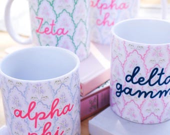 Personalized Sorority Mug, Alpha Phi, Gamma Phi, Pi Phi, ChiO, TriDelt, Kappa, Theta, KD, DG, Alpha Chi, ADPi, Zeta, Phi Mu, DZ