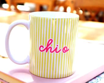 Chi Omega Sorority Mug with Greek Letters and Preppy Stripe, Chi O Gift for Bid Day, Big Little Reveal & Alumnae
