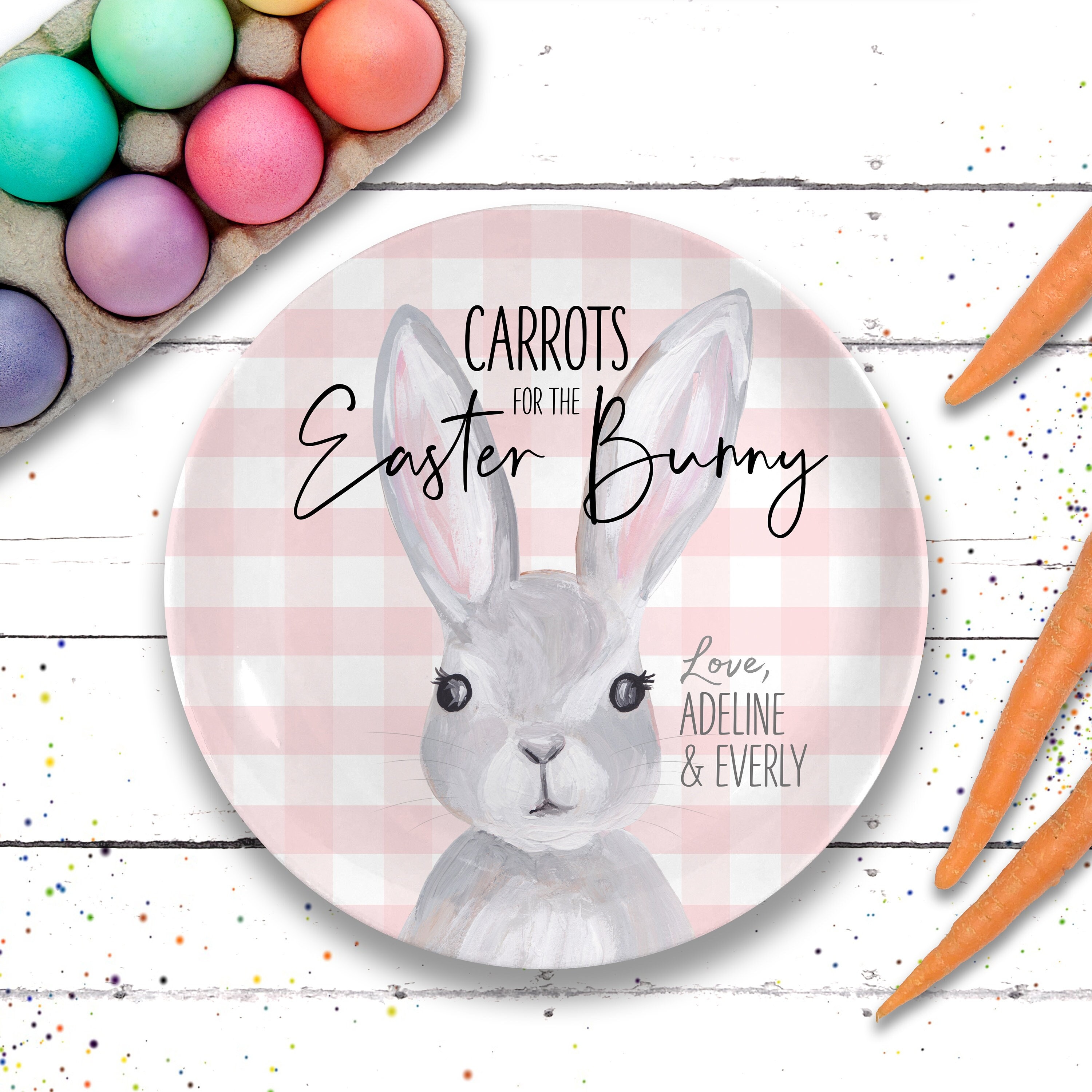 Easter Bunny Plate, Ceramic Carrots for the Bunny, Personalized Easter Bunnies, First Easter Gift for Baby Girl, Easter Bunny Decor Gingham