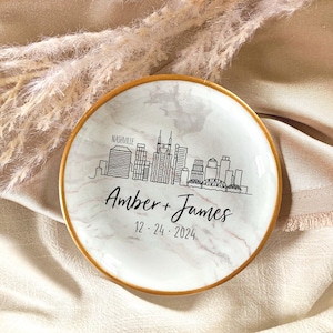 Personalized Skyline Ring Dish: Marble Ceramic Engagement Gift