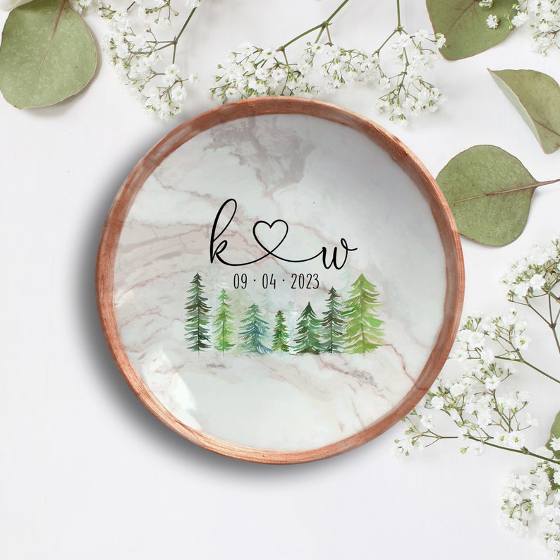 Outdoorsy Forest Ring Dish for Engaged Couple Custom Initials, Names and Date Rustic Engagement Jewelry Dish for Bride to Be Rose Gold