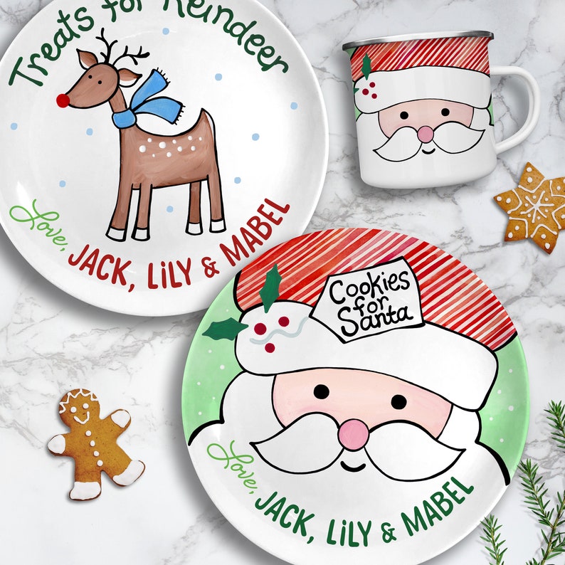 Cookies for Santa Plate Set Regalos personalizados para niños Leche para Santa Mug Regalos para niños y bebés Golosinas para renos Green