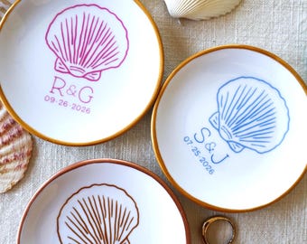 Nantucket Personalized Seashell Ceramic Ring Dish, Preppy Coastal Wedding Jewelry Holder