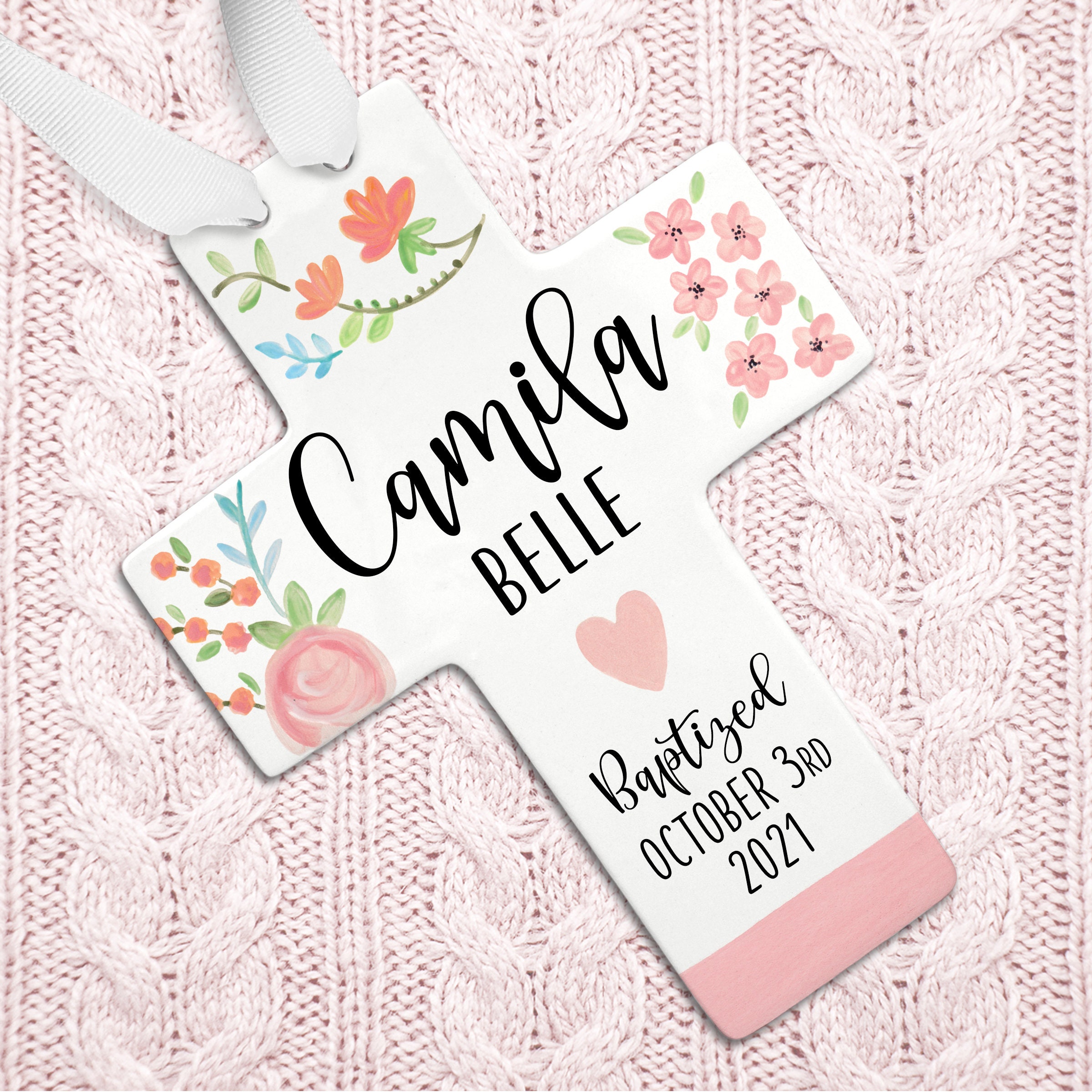 Croix Personnalisée de Baptême, Cadeau Floral Rose Filleule, Fille Première Communion, Baptême Confi