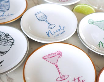 Personalized Cocktail Ring Dish, Ceramic Bridesmaid Jewelry Holder, Choose from Martini, Cosmo, Paloma, Wine...
