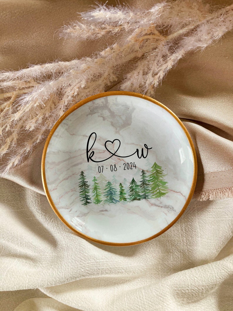 Outdoorsy Forest Ring Dish for Engaged Couple Custom Initials, Names and Date Rustic Engagement Jewelry Dish for Bride to Be Gold