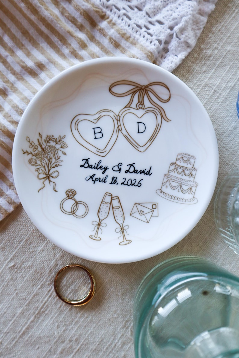Personalized Ceramic Ring Dish, Hand-Drawn Wedding Engagement Gift, Almond