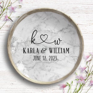 Heart Initial Ring Dish for Engaged Couple • Classic Marble Jewelry Dish Personalized Names and Date • Perfect Engagement Gift for Couple