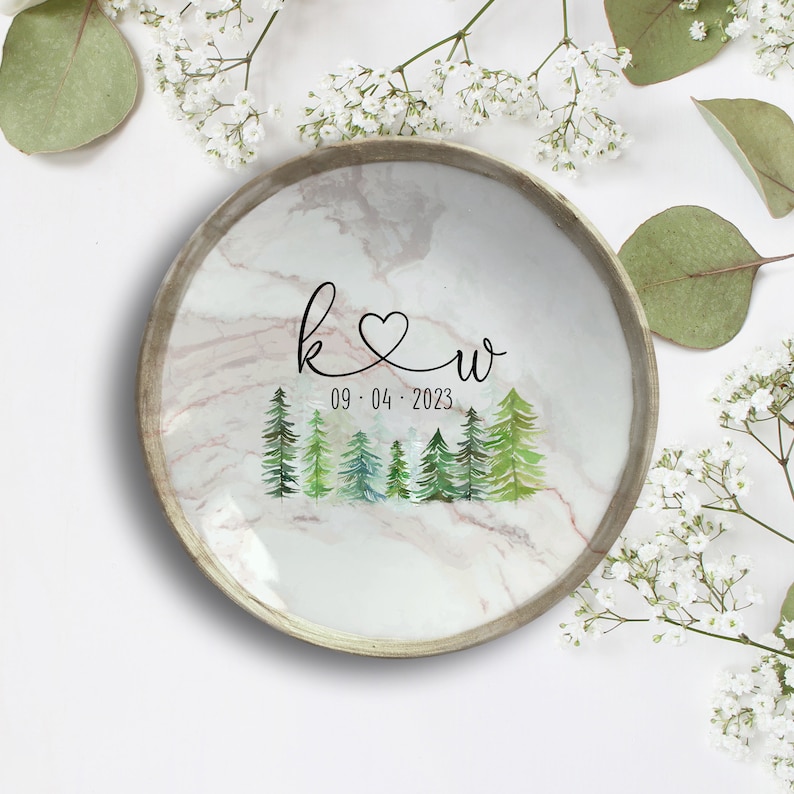 Outdoorsy Forest Ring Dish for Engaged Couple Custom Initials, Names and Date Rustic Engagement Jewelry Dish for Bride to Be Silver