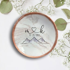 Mountain Ring Dish is Perfect Engagement Gift Personalized Heart Initial Ring Holder Perfect Gift for Engaged Couple Proposal Present Rose Gold