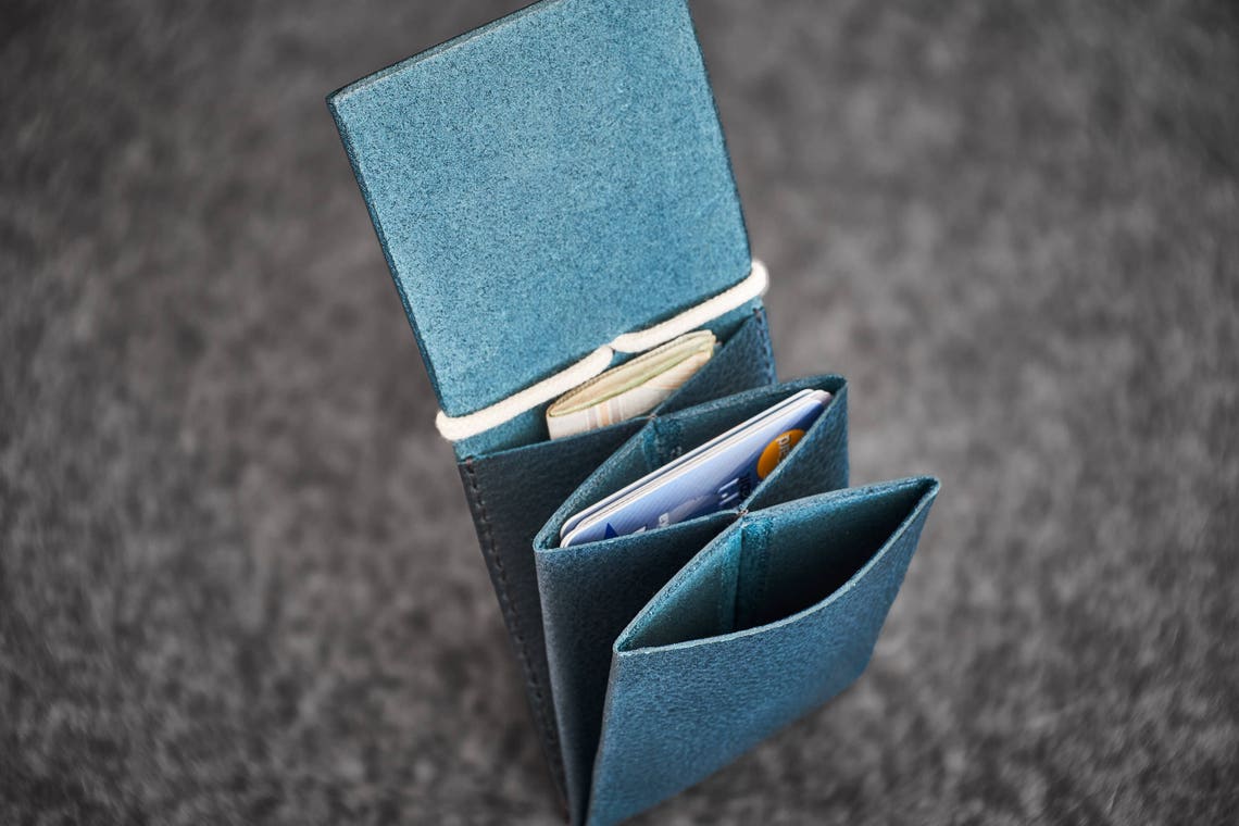 Handstitched Leather Wallet Simple Me Minimal Ocean Blue Etsy