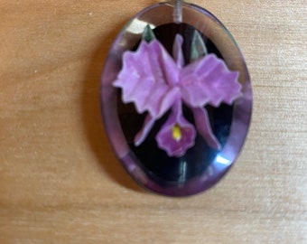 Vintage Reversed-Carved Lucite Pink Orchid Pendant