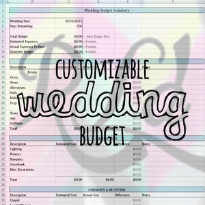 Op de afbeelding: Een spreadsheet met de titel "Wedding Budget Summary" met een lichtgroene en roze gradi&euml;nt achtergrond. De tekst "CUSTOMIZABLE wedding BUDGET" is over de spreadsheet gelegd. De spreadsheet bevat secties voor geschatte kosten, werkelijke kosten en notities.