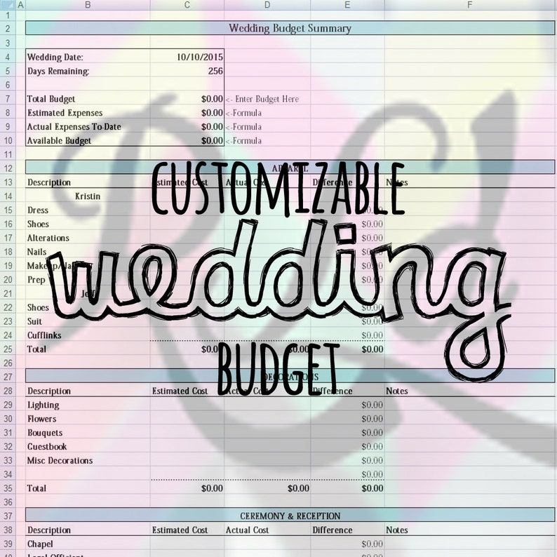Op de afbeelding: Een spreadsheet met de titel "Wedding Budget Summary" met een lichtgroene en roze gradi&euml;nt achtergrond. De tekst "CUSTOMIZABLE wedding BUDGET" is over de spreadsheet gelegd. De spreadsheet bevat secties voor geschatte kosten, werkelijke kosten en notities.