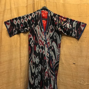 Antique Silk İkat chapan, uzbek hand weaving coat, silk robe caftan clothes, hippie bohemian jacket caftan, rare ikat chapan coat