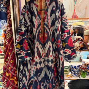 Antique Silk İkat chapan, uzbek hand weaving coat, silk robe caftan clothes, hippie bohemian jacket caftan, rare ikat chapan coat