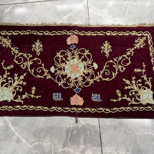 Vintage Turkish ottoman handmade velvet table runner, embroidered silver thread textiles, bohemian home decor, hanging wall suzani
