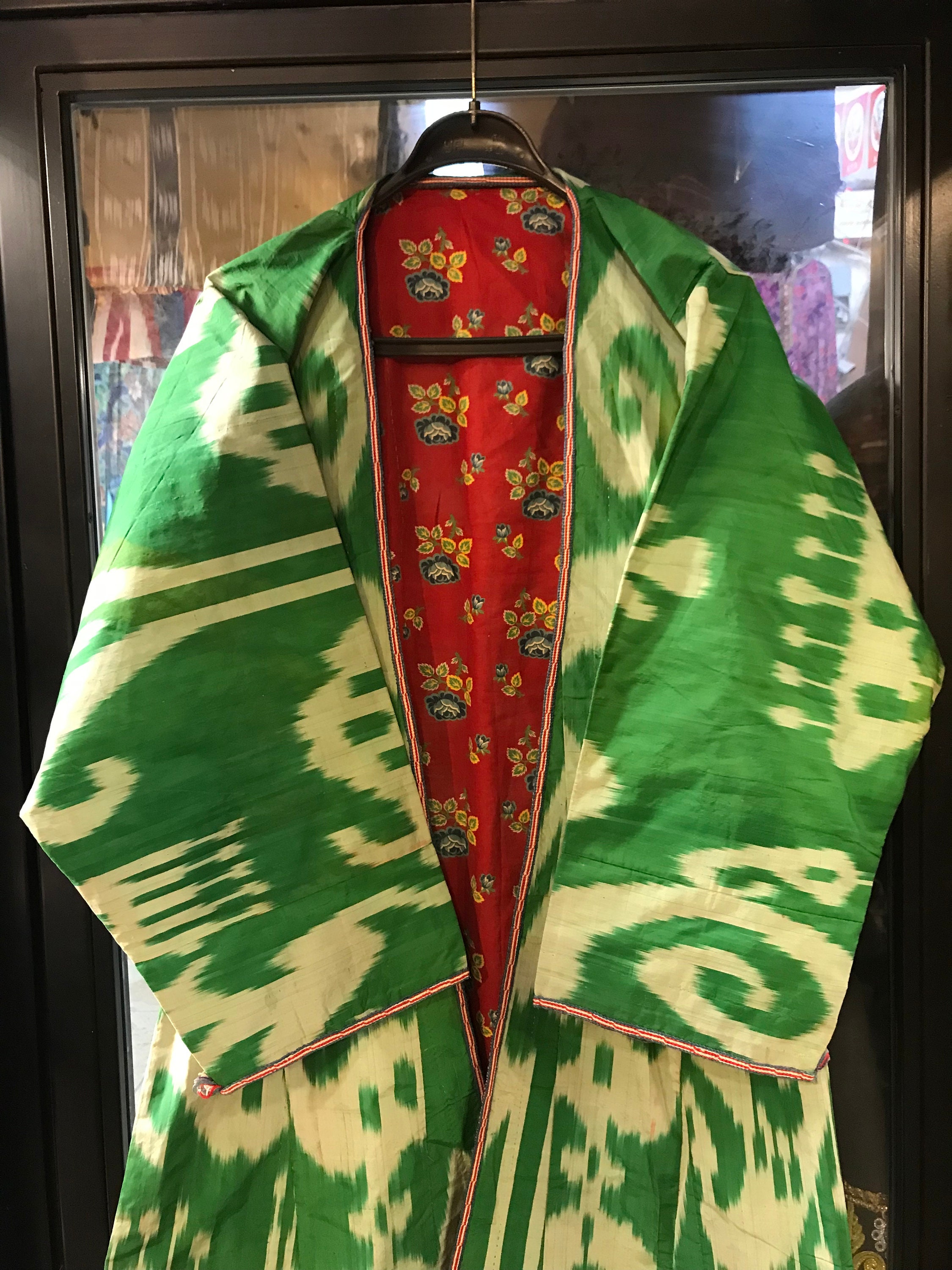 Vintage Uzbek Silk Ikat Chapan Coat: Handwoven Green Clothes - Etsy