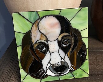 Beagle puppy portrait Mosaic dog art Pet loss memorial artwork Dog portrait wall hanging Custom pet portraits Animal lover gift In memory of