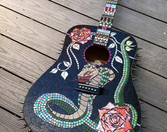 Mosaic Acoustic Guitar With Metal Spikes/black Leather