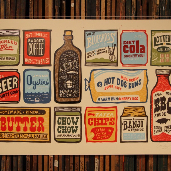HALF OFF SALE! Grandpappy's Groceries 29 x 40 inch 12 color Woodcut