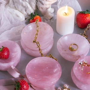 Natural rose quartz bowl, hand-polished, ideal for storing rings, earrings, or small treasures.