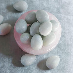 Natural Rose Quartz Crystal Bowl: Handmade Trinket Dish (3-3.25 inch) Dish + Blue Egg